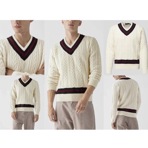 Polo Ralph Lauren P Wing Cable Knit Wool V-Neck Varsity Sweater Men's Size M NWT - Picture 3 of 6